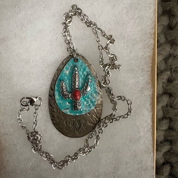 Handcrafted Cactus Pendant Necklace Turquoise Patina & Red Stone - Picture 2 of 4